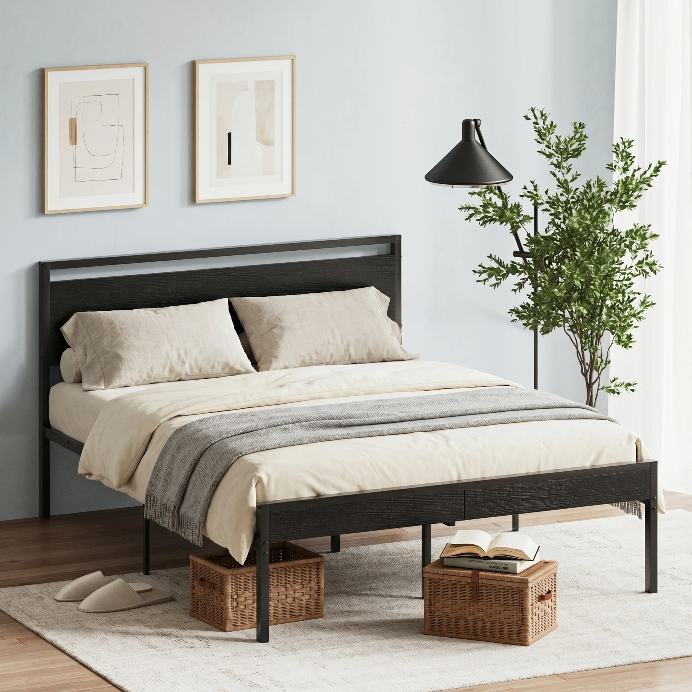 JHK 14 Inch Metal Bed Frame with Wood Headboard Heavy-duty Metal Platform With 1200lbs Capacity No Box Spring Needed Noise-free and Easy Assembly Design