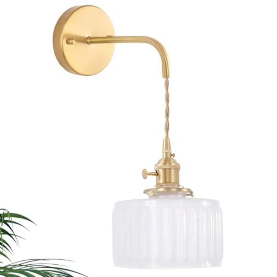 Vintage Wall Sconce with White Striped Shade Pattern Glass Adjustable Chain Retro Gold Wall Mounted Light, Modern Wall Lamp Fix