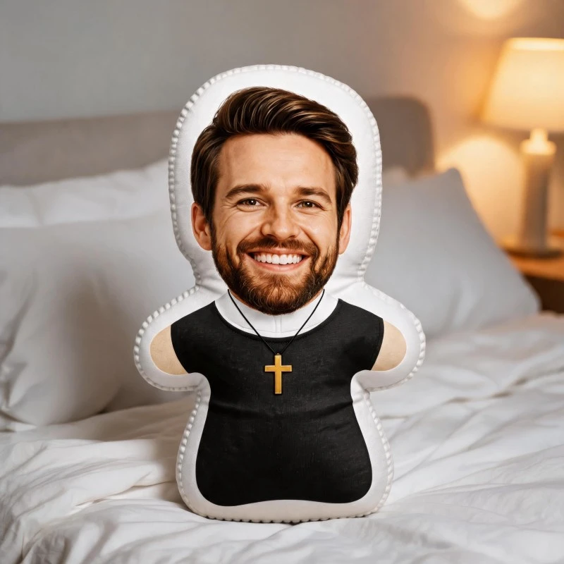 Custom Personalized Photo Face Shaped Pillow, Smiling Man in Black Clergy Outfit with Cross Necklace Decorative Cushion, Unique