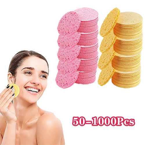 50-1000 Uds. Esponja de pulpa de madera Natural para lavado de cara, esponja de espuma para lavado de cara, esponja cosmética para limpieza facial