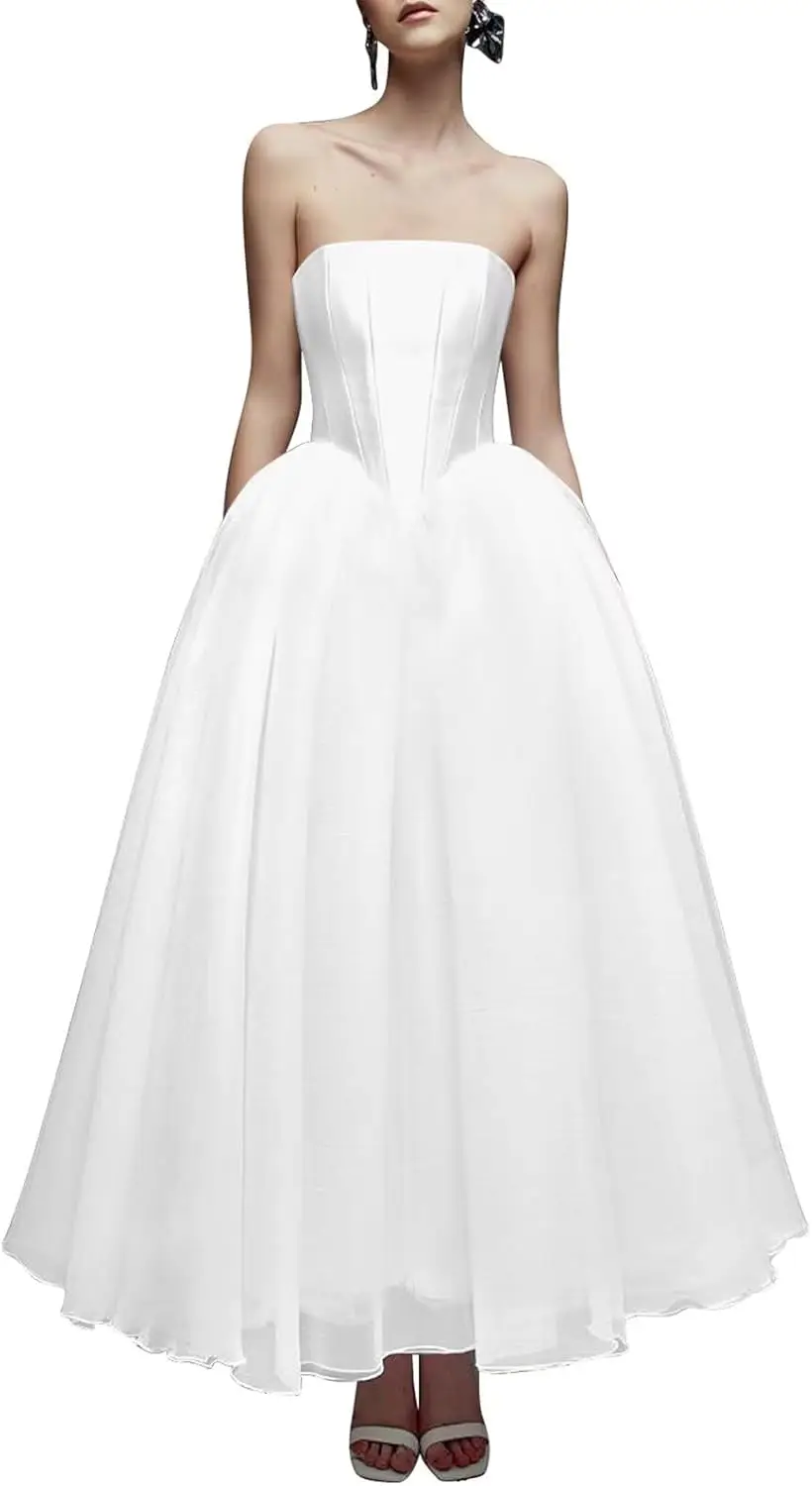 Organza Strapless Knee-Length Wedding Dress for Bride Simple Homecoming Prom Gown Birthday Party Short Dress