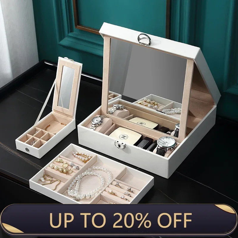 

Simple Large-capacity Jewelry Storage Box, PU With Large Mirror Detachable Cosmetic Case With Portable Small Jewelry Box