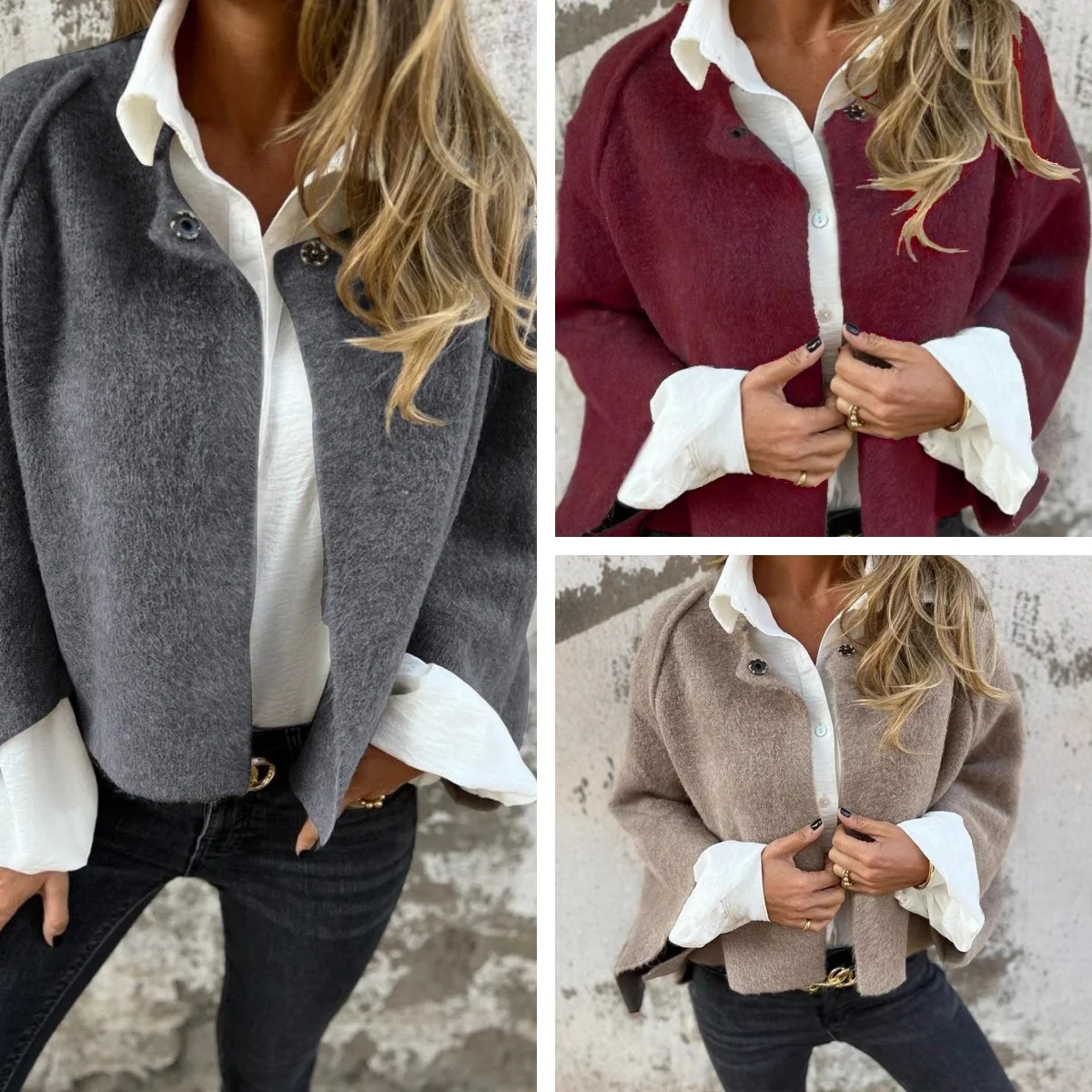 

Кашемировая куртка женская оверсайз - зимнее укороченное пальто с длинными рукавами, мягкая повседневная роскошная верхняя одежда