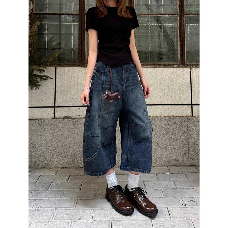 Vintage Y2k Baggyกางเกงยีนส์สีฟ้าผู้หญิงฤดูร้อนเอวสูงอเมริกันStreetwearขากว้างเข่าความยาวกางเกงสบายๆหลวมDenimกางเกงขาสั้น