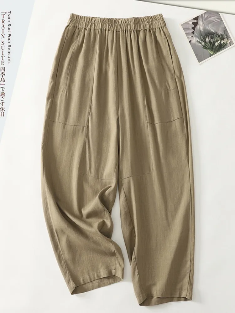 الصيف رقيقة القطن الكتان فانوس السراويل النسائية حجم كبير شكل صغير سراويلي حريمي جديد 2025 فضفاضة تناسب الجزرة السراويل