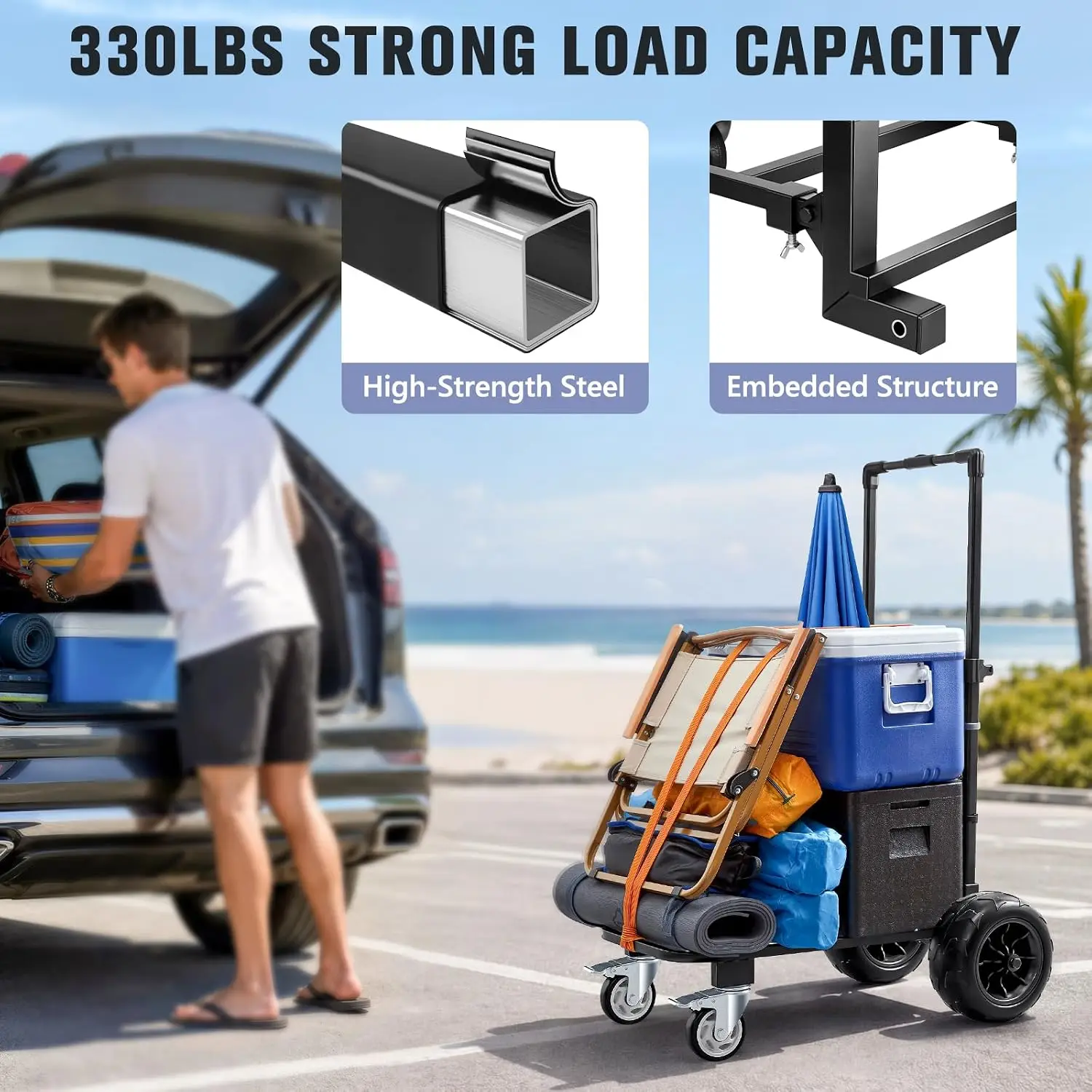 Beach Cart For Sand Nine Inch Airless Solid Wheels Heavy Duty Beach Dolly Four Wheel Push Pull Beach Wagon For Outdoor Camping Rust Resistant Compact Folding Frame