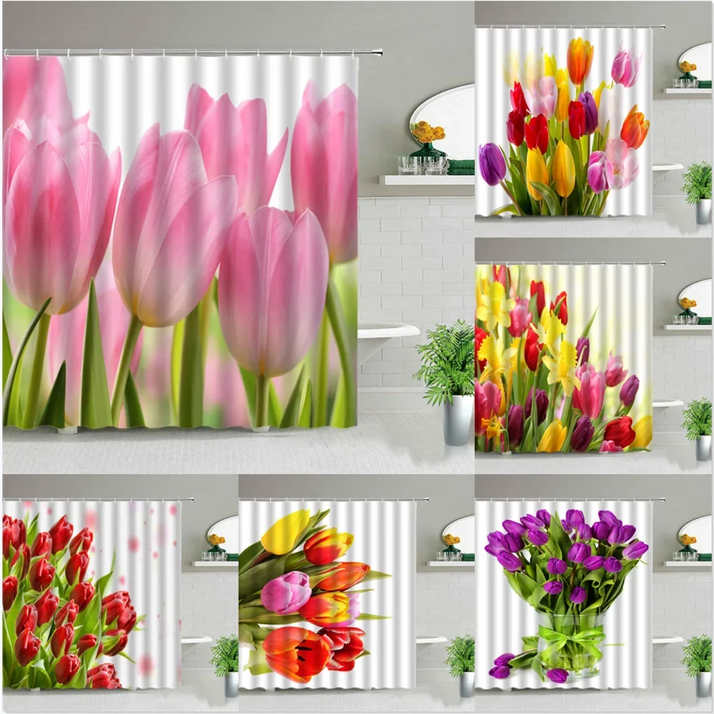 Tulip Pink Flower Shower Curtains Beautiful Flowers Plant Waterproof Cloth Curtain Set Bathroom Home Decor Bath Screens Washable