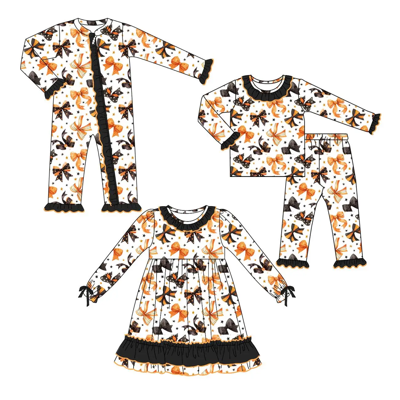 

Hot selling new children's clothing black orange bow print girls pajamas set lace design toddler jumpsuit wholesale