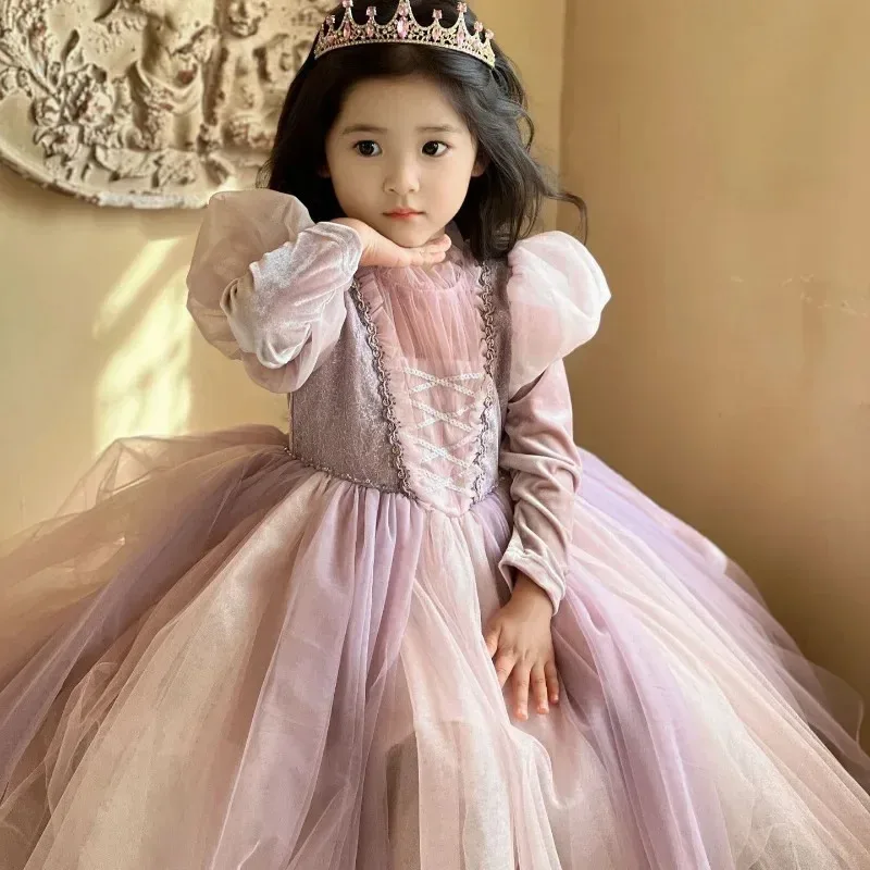 Rapunzel Princess Autumn/Winter Velvet Dress Halloween Carnival Fantasy Girl' Cosplay Dress Bubble Sleeves Birthday Dress