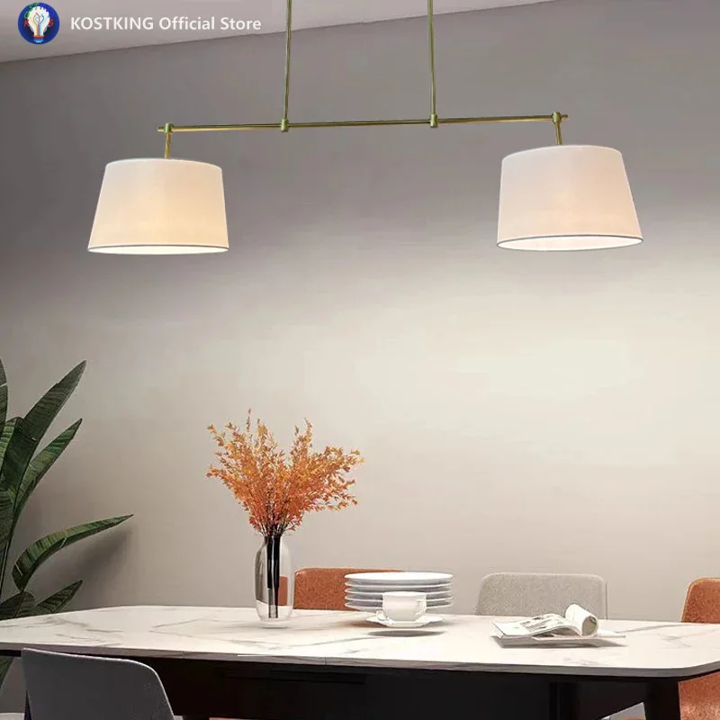 Transparent and Uniform Fabric E14 Lampshade Simple Dining Table Bar Counter Copper Natural Color Dual Head Lamp for Restaurants
