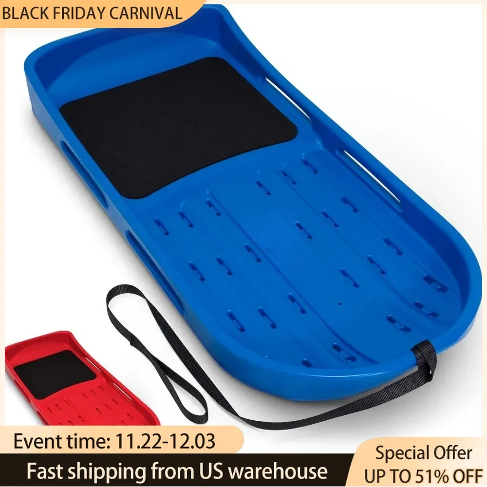 2 Person Premium Snow Sled with Double Walled Construction, Pull Strap and Padded Seat - Choose Between Red and Blue Snow Sled