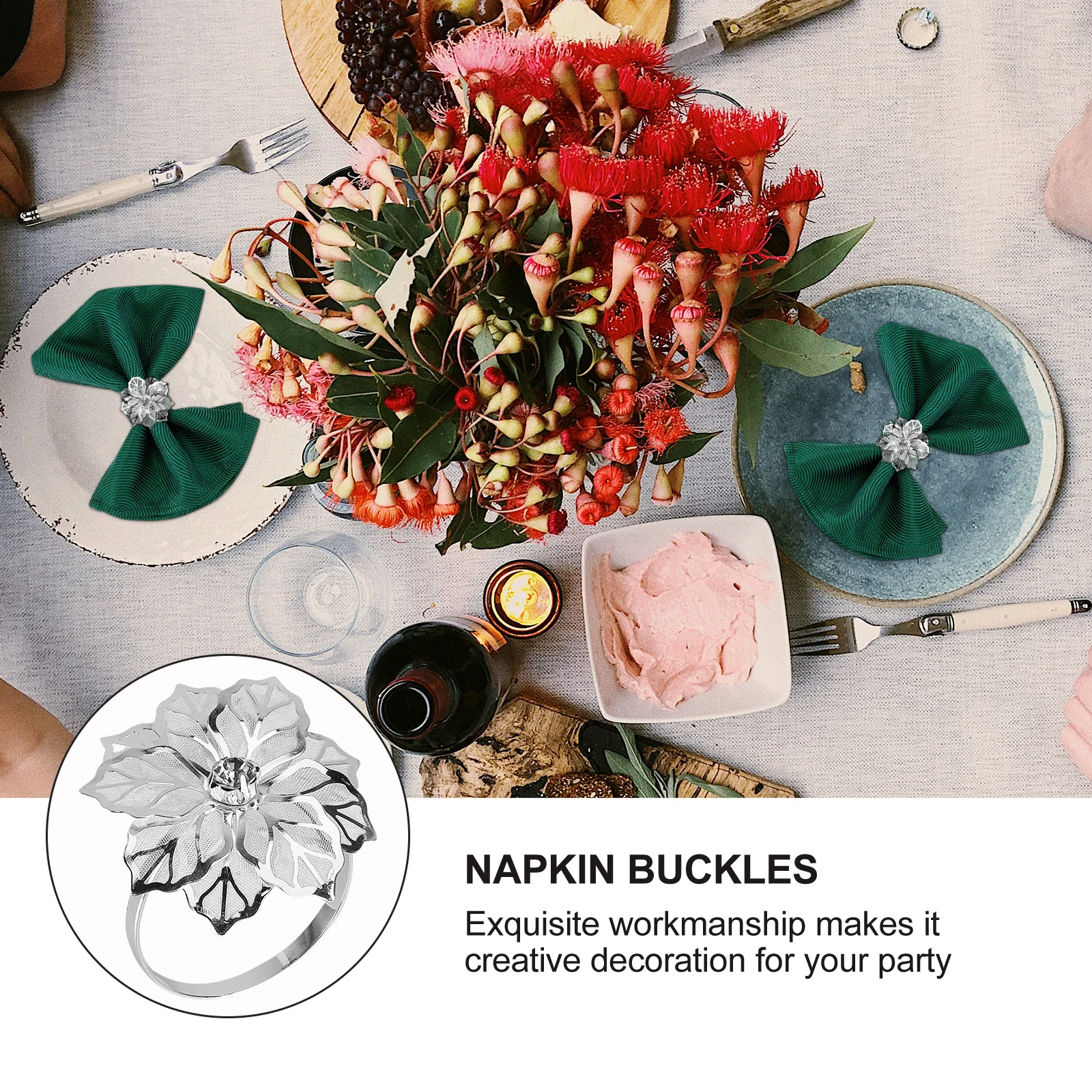 

8Pcs Flower Napkin Rings Exquisite Floral Design for Wedding Party Table Decoration Silver Napkin Rings Serviette Buckle