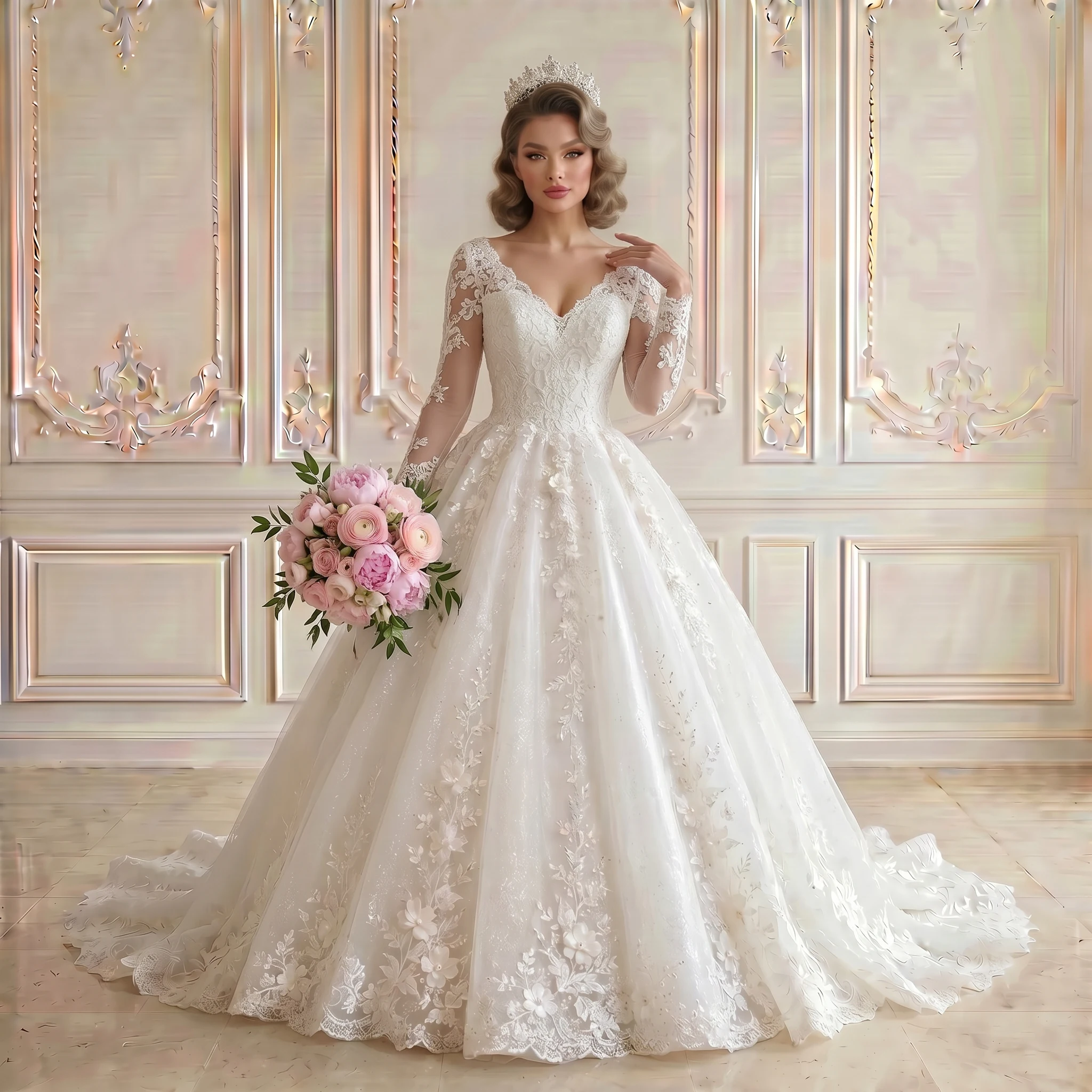 V Neck Long Sleeve Ball Gown Wedding Dress 3D Floral Lace Glitter Tulle Corset Back Scalloped Chapel Train Bridal Gown