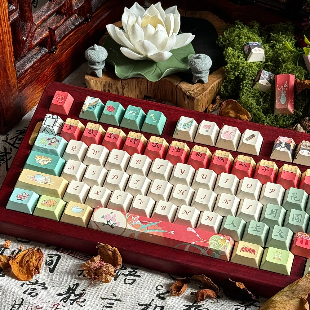 Apricot Blossom Rain Keycaps CHERRY QX3 PBT Full Five-sided Sublimation Keycaps Cute 100keys Chinese Style Retro Keycap