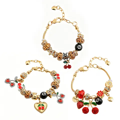 Charm Bracelet 3Pcs Y2K Leopard Print Magic 8 Ball Cherry Strawberry Adjustable Gold Snake Chain Women Retro Rhinestone Jewelry