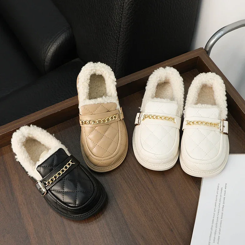 Kids Winter Shoes Simple Girls Cotton Shoes Fashion Classic Metal Chain Warm Children's Shoes Solid Color Versatile Flat Loafers