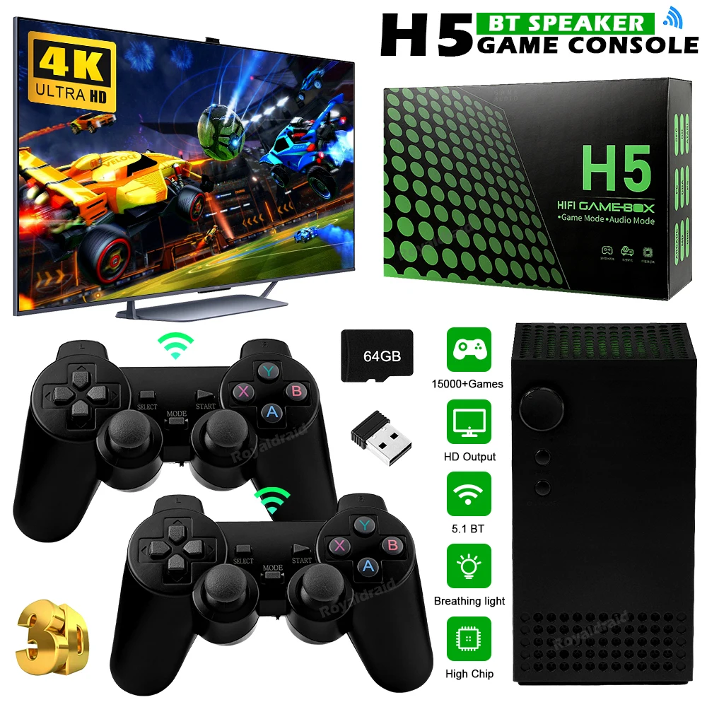 H5 D20 Stereo Voice Retro Video Game Console HD Output Wireless Controllers 15000+ Games Simulators PS 5.1Bluetooth HiFi Stereo