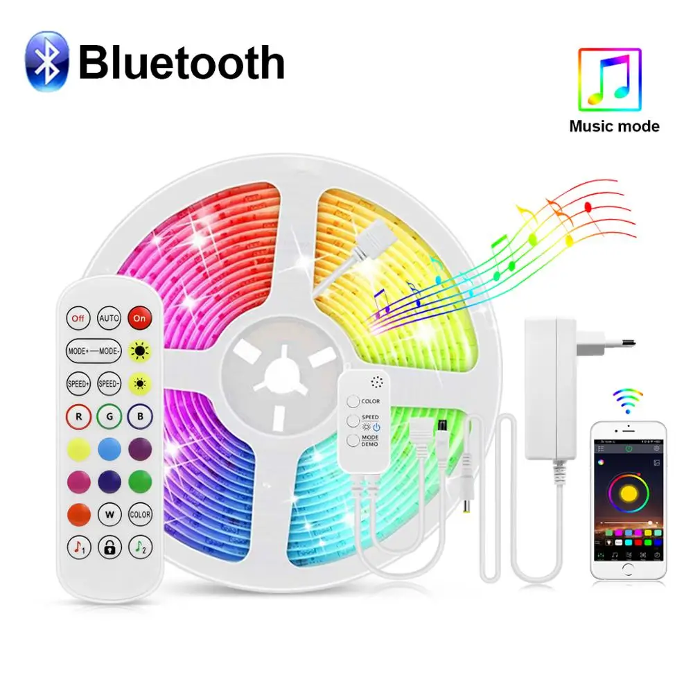 Music Sync Dimmable RGB LED Strip Light with Bluetooth Controller EU/US 1M-15M Diode Ribbon Flexible Led Tube Room Decoration