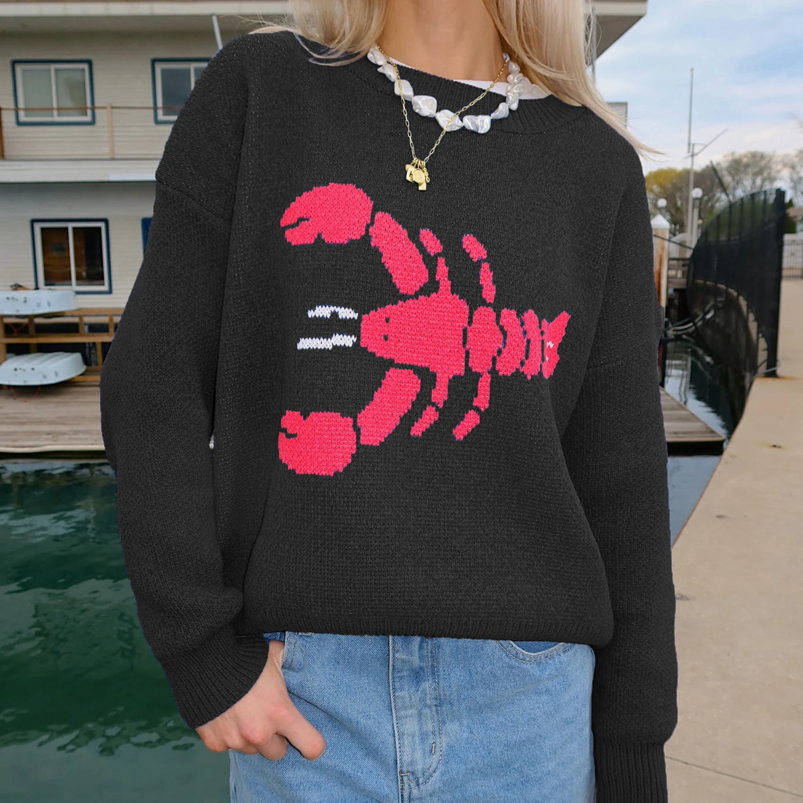 سترة نسائية كلاسيكية مطبوعة بأكمام طويلة ورقبة دائرية بلوفر جراد البحر سترة دافئة لخريف وشتاء