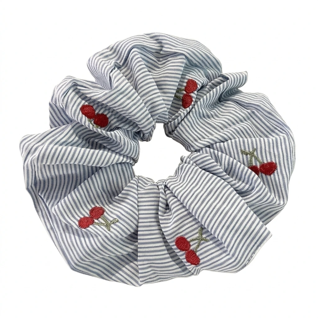 Hair Accessory Elastic Hair Scrunchie for Daily Wear Women Teens Blue Striped Cherry Bowknot Tie Soft Polyester Blend Band