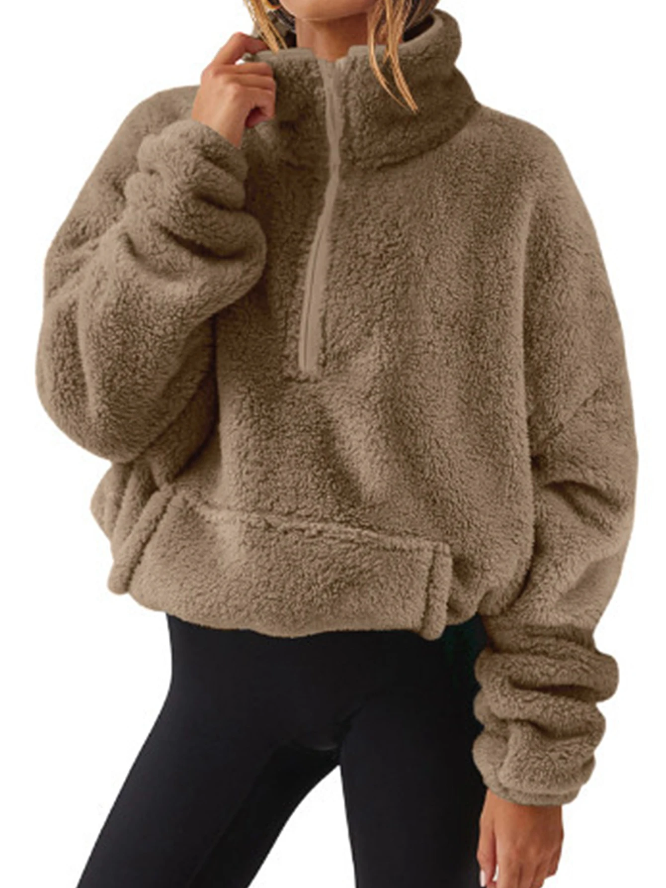 Women's Autumn Winter Hoodie Simple Chic Zipper Kangaroo Pocket Long Sleeve Stand Collar Casual Pullover for Fashionable Women