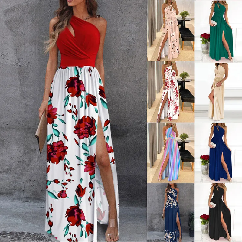 

New Off Shoulder Long Dress Elegant Sleeveless Sexy High Waist Slit Gown European And American Women Fashion