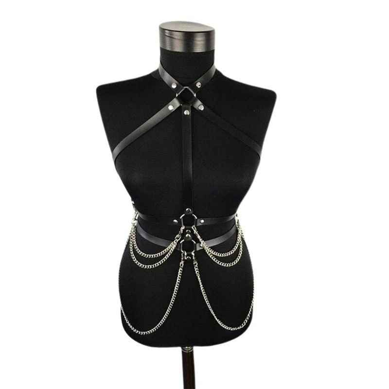 Y5GC Womens Punk Black Faux Leather Waist Belt Halter Neck Body Chest Harness with Metal Chain Adjustable Buckles O-Rings