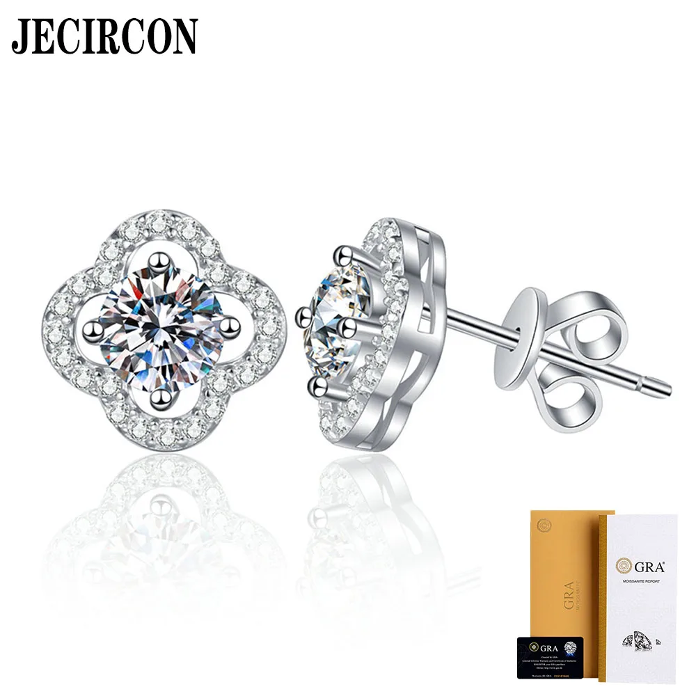 

JECIRCON S925 Sterling Silver Earrings for Women Seiko Light Luxury Flower Petal Studs Moissanite D Color 0.5 Carat Sweet Cute