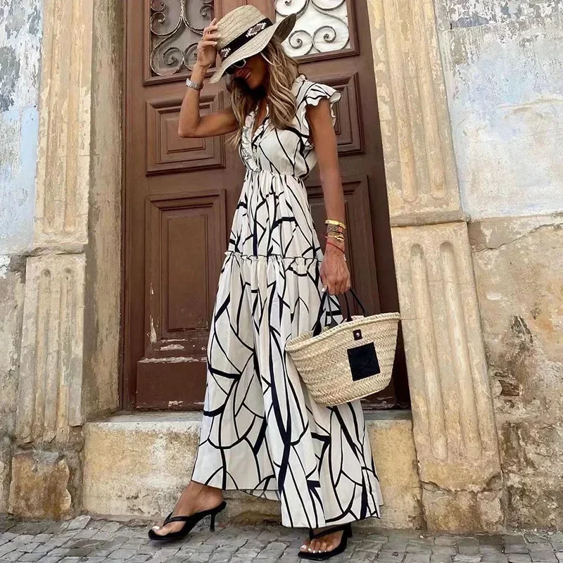 

Summer Dress for Women V-neck Skirt with Ruffled Hem Holiday Casual Women Clothing Elegant Geometric Printed Long Dress Vestidos