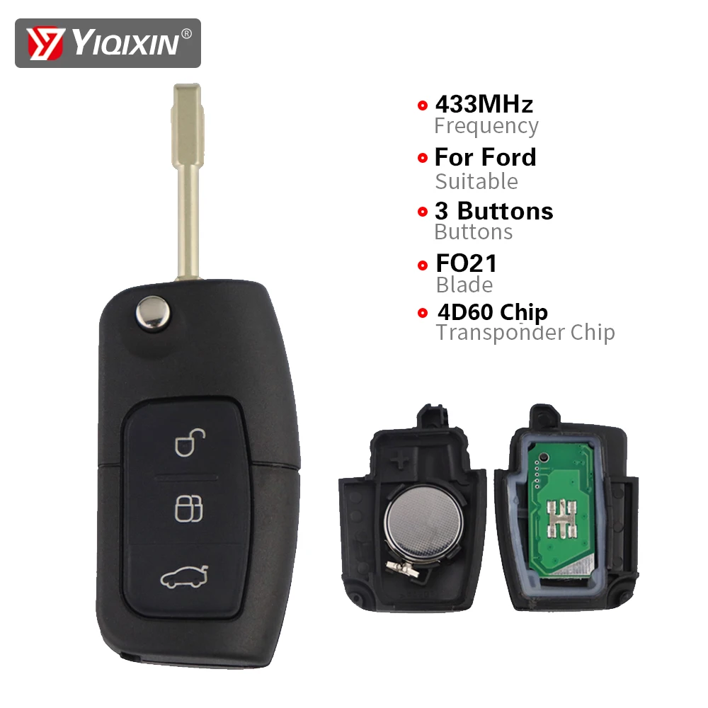 YIQIXIN 433MHZ 4D60 Chip Flip Car Key For Ford Focus Mk2 Mk3 Mk4 2 Fiesta Mondeo Ranger Fusion S Max FO21 Blade 3 Button