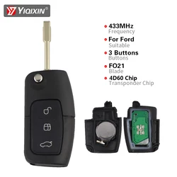 Yiqixin-Chip Flip Car Key, Ford Focus, MK2, Mk3, Mk4, 2, Fiesta, Mondeo, Ranger, Fusion, S Max, Lâmina FO21, 3 Botão, 433MHz, 4D60