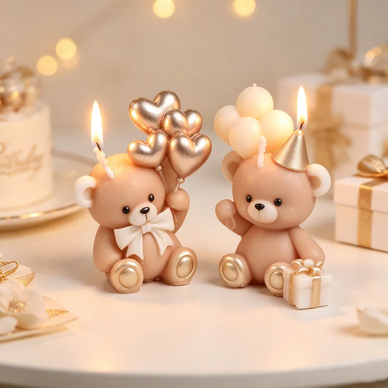 3D Bear Silicone Candle Mold, Multi-Style Balloon Hat Gift Stacked Wax Mould for DIY Soap Resin Plaster Party Baby Shower Decor