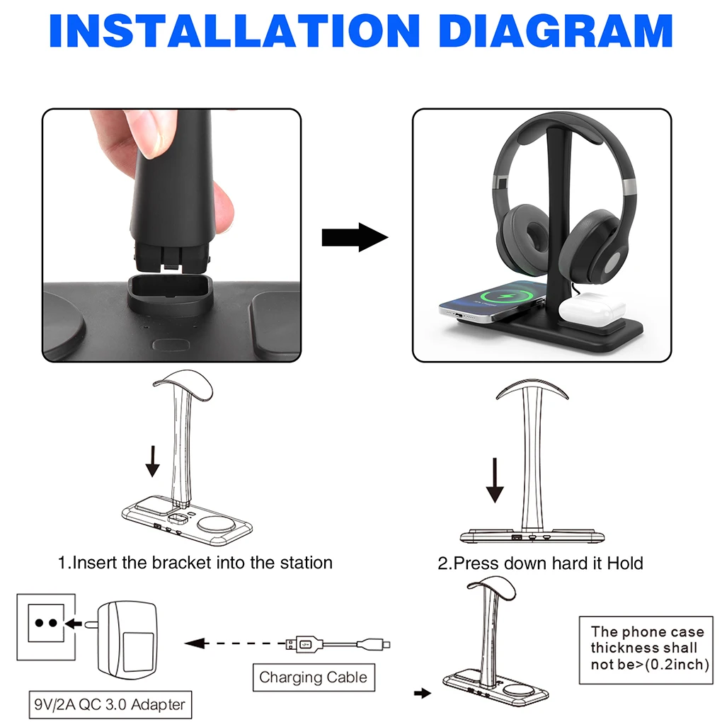 USB Port Dual Headphone Stand With Wireless Charger Designed For Office And E-sports Rooms Easy Operations Headset Stand