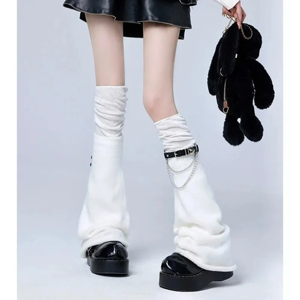 New Leather Buckle Knitting Leg Warmers Y2k Over Knee Length Knee High Socks Black Breathable Flare Long Leggings Girls