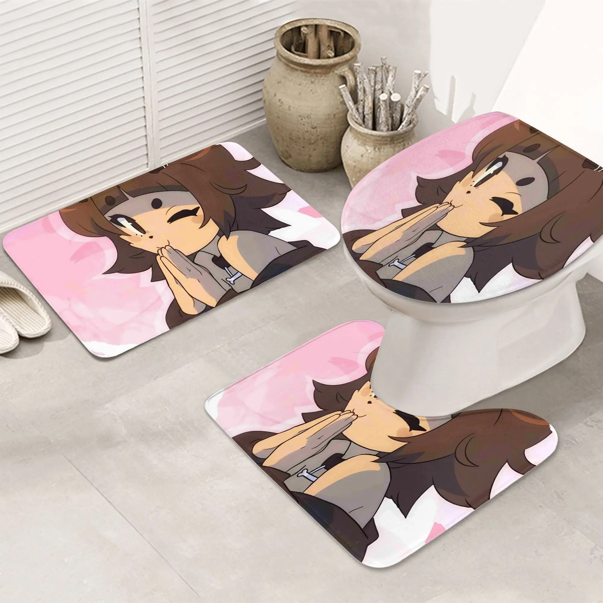 Cute Anime Girl Bathroom Mat Set 3 Piece Bath Rugs for Toilet and Floor Decor Home Bathroom Accessories