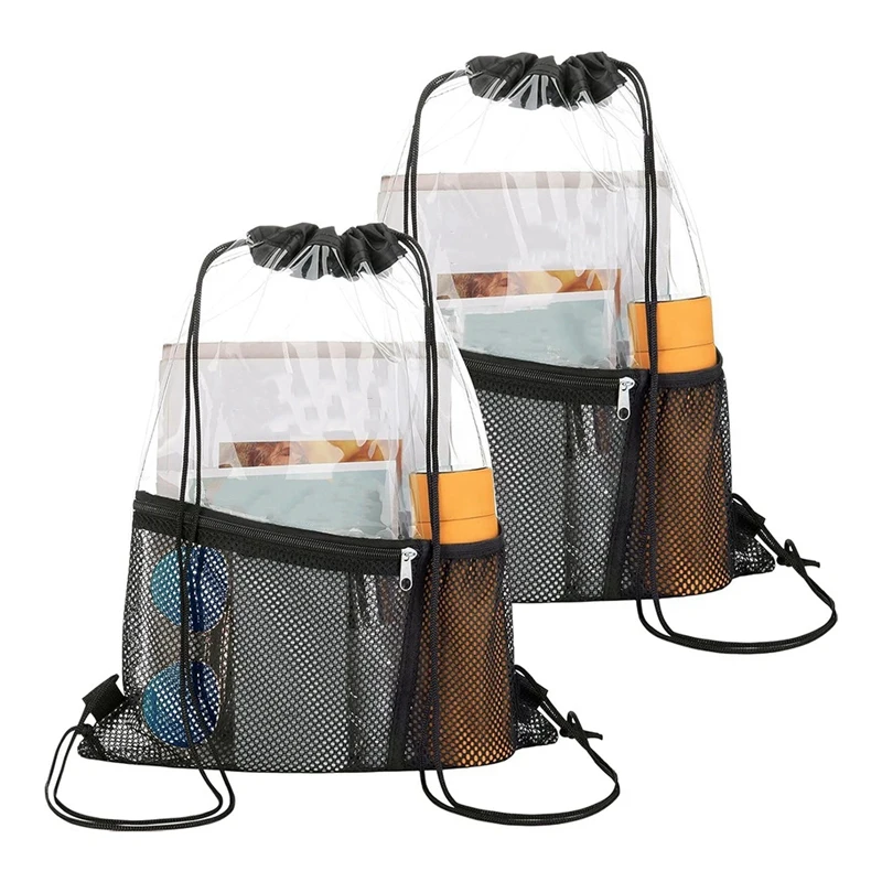 2 PACK Clear Drawstring Bag Stadium Approved, See Through Transparent PVC Drawstring Backpack, Clear Bag For Concert