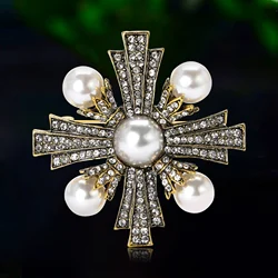 Vintage Rhinestone Cross Baroque Brooches for Women Unisex Pearl Court Pins Event Funny Luxury Gifts New Year Friends Decoration