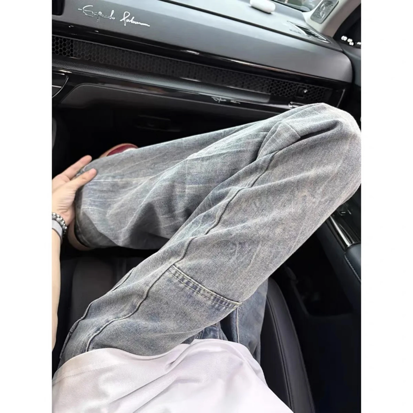 

Мужские джинсы в стиле ретро с американским принтом, осенние, тонкие, свободные, прямые, с микро-клешем, дизайнерские