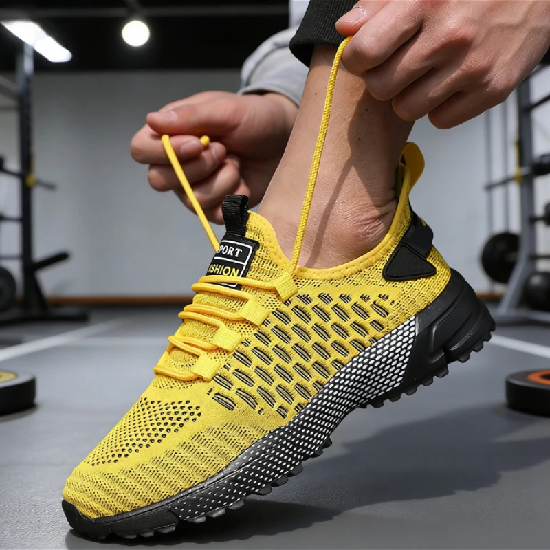 Trendige gelbe Strick-Sneaker für Herren, 2025, atmungsaktives Mesh, bequem, lässige Sportschuhe, rutschfeste Sohle, leichte Lauftrainer – Detail 1