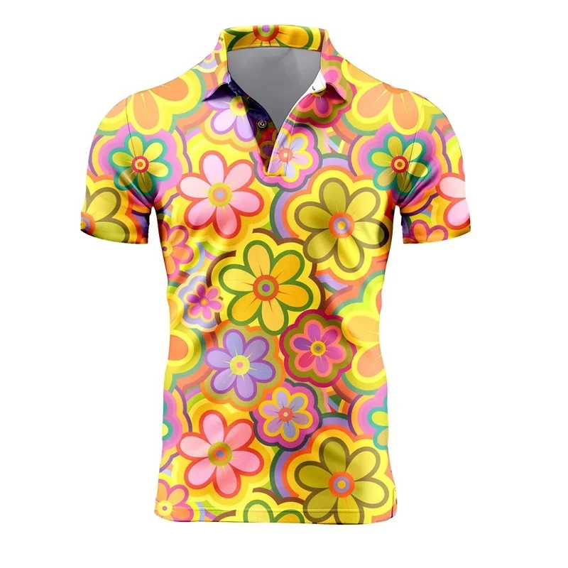 3D Printed Retro Polo Shirt For Men Flower Mushroom Pattern Short Sleeve Outdoor Summer Lapel Tops T-Shirt Button Oversized Tees