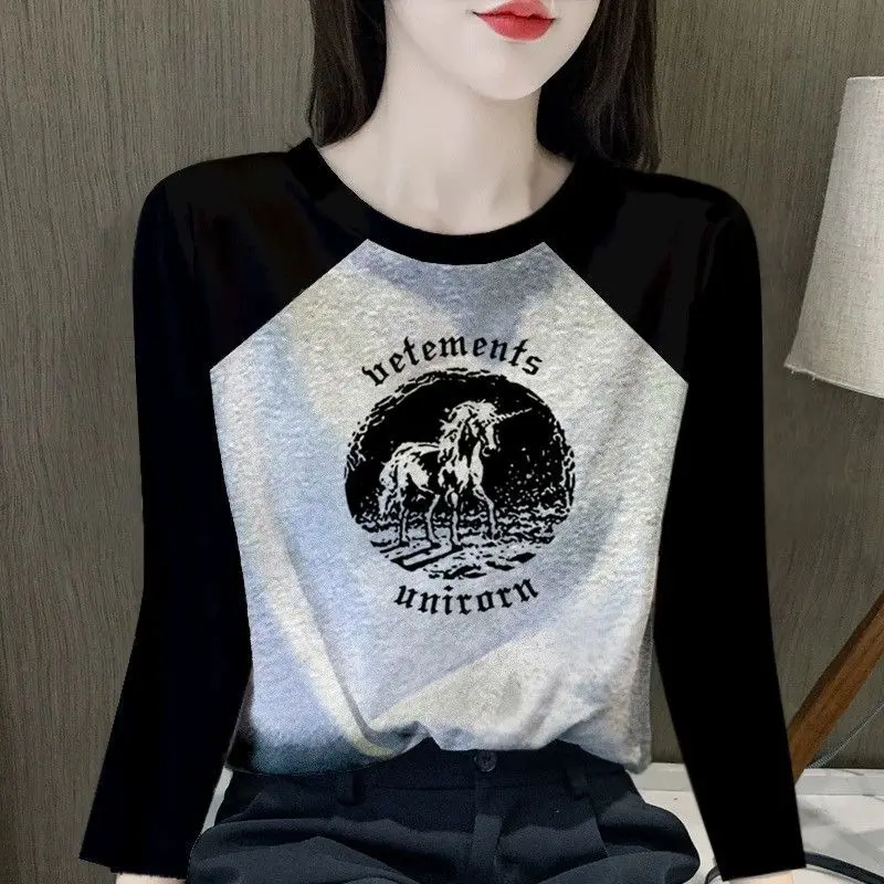 Fashion O-Neck Spliced Printed Letter Casual T-Shirt Female Clothing 2023 Autumn Winter Loose All-match Tops Korean Tee Shirt
