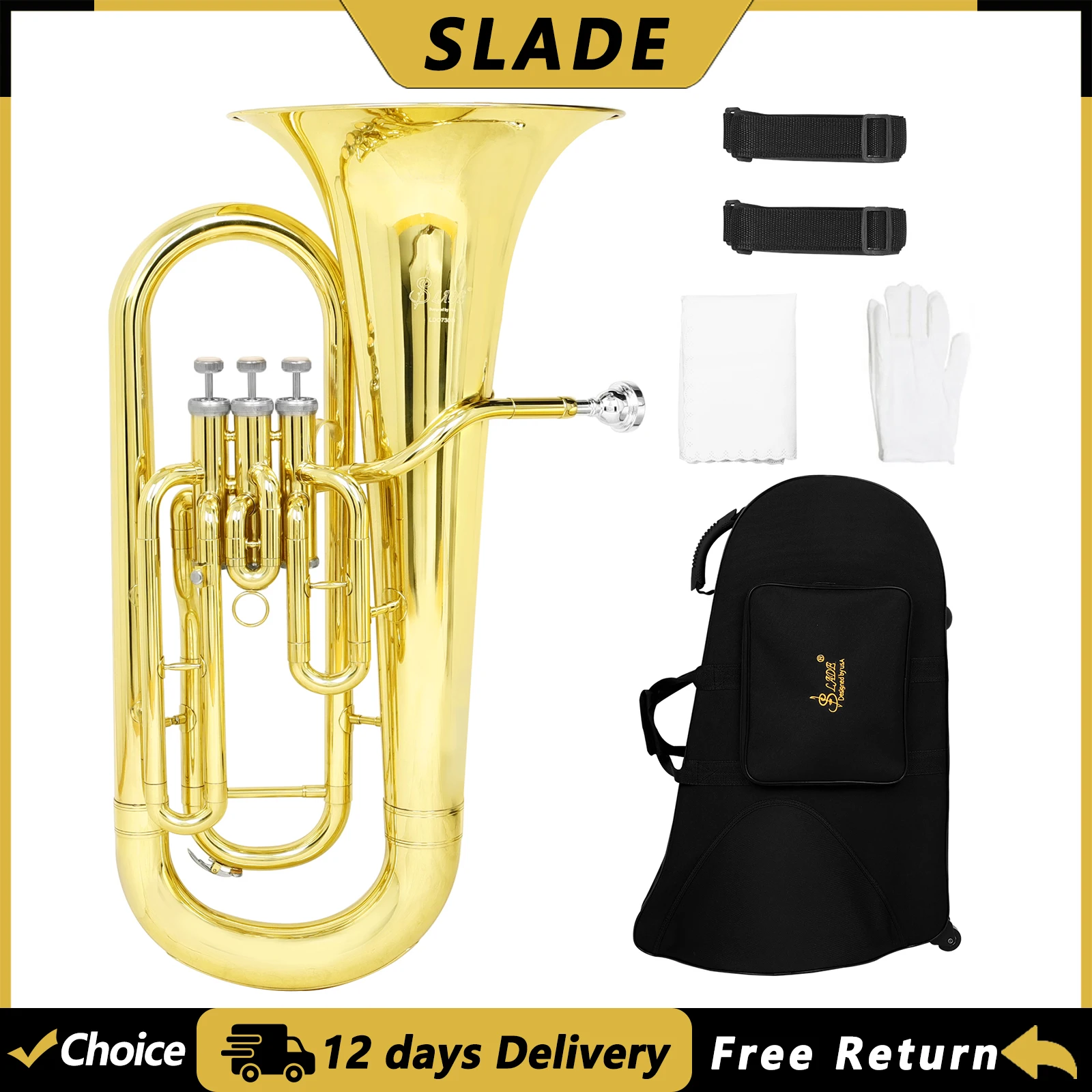 SLADE 3-Keys Baritone Horn Bb Euphonium Brass Golden Brass Instrument with Case Bag Gloves Polishing Cloth Professional Playing