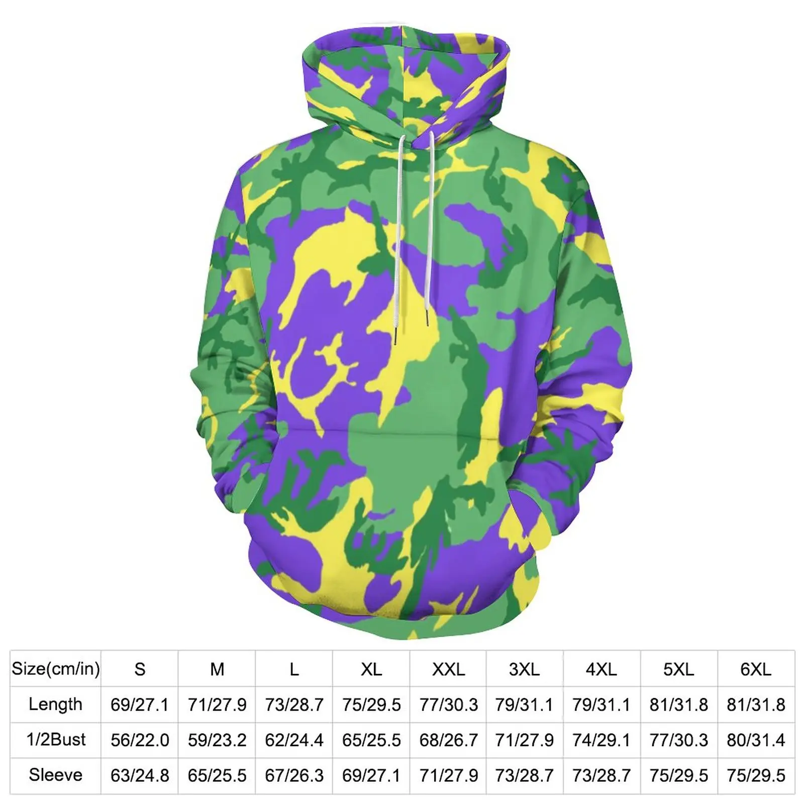 Mardi Gras Camo Loose Hoodies Colorful Camouflage Trendy Pullover Hoodie Men Long-Sleeve Oversized Streetwear Hooded Sweatshirts