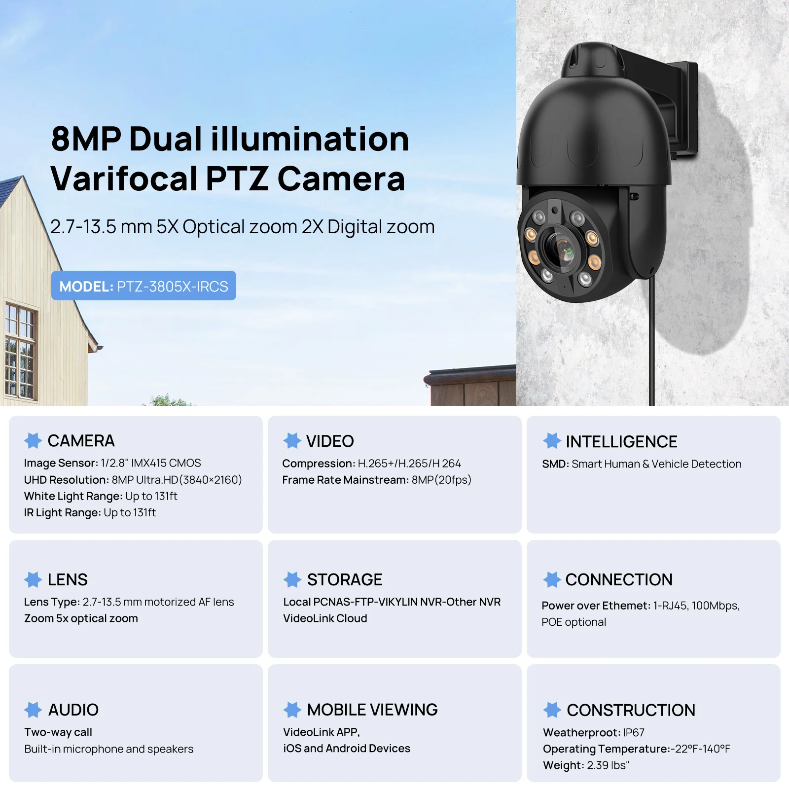 Hikvision Compatible 5MP/8MP Dual illumination 5X PTZ Camera PTZ-3505X-IRCS PTZ-3805X-IRCS Onvif PoE Auto Tracking 2-Way Audio