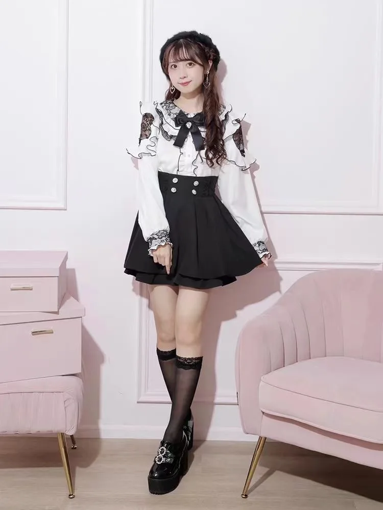 일본 오리지널 로리타 레트로 스위트 레이디 셔츠 대학 스타일 레이스 프릴 엣지 오프 숄더 긴팔 다목적 셔츠