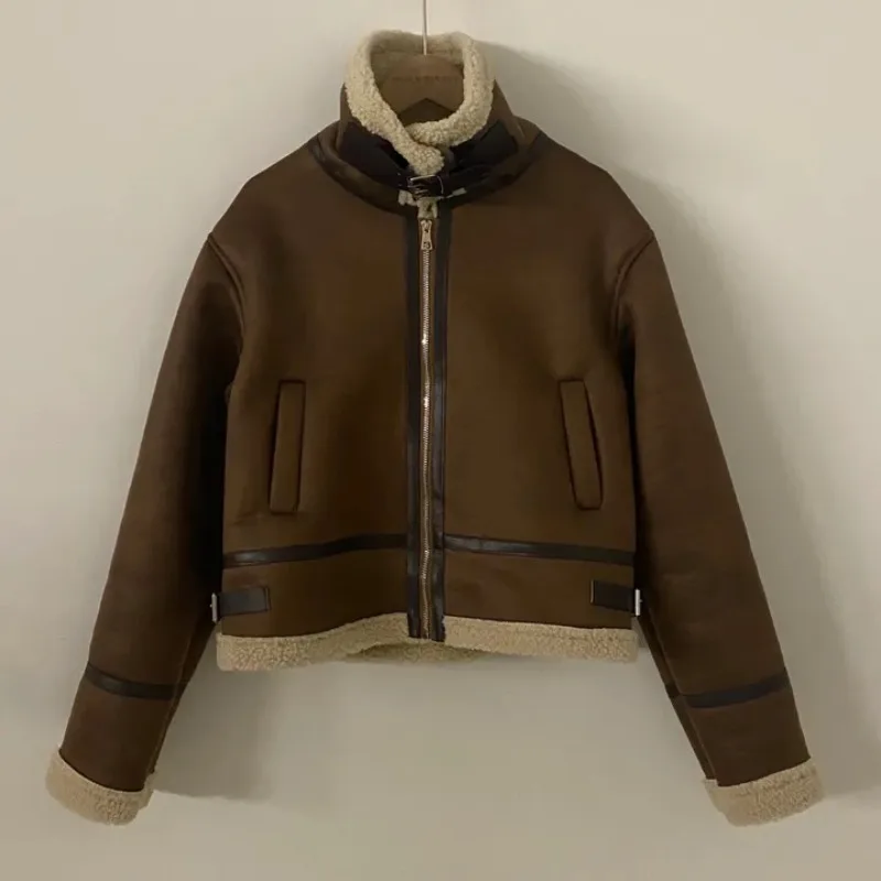 슬리 레트로 스웨이드 모터사이클 재킷 여성용 패셔너블 루즈 코튼 탑 가죽 퍼 인티메이티드 트렌디 한국 버전