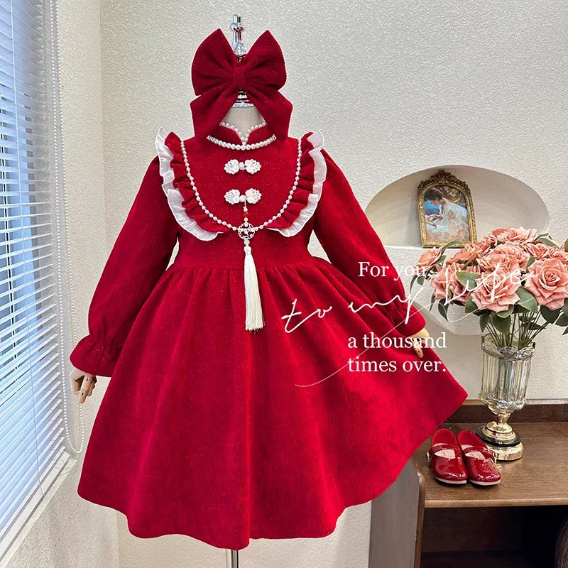 

Girls' Autumn and Winter Princess Dress Fleece-lined2024New Children New Year Clothes Autumn and Winter Dress Thickened Fashiona