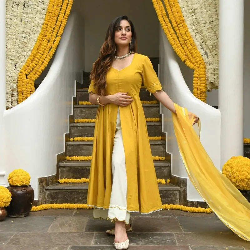 

Wedding Wear Yellow Kurti Pant Dupatta Indian Handmade Women Salwar Kameez Set
