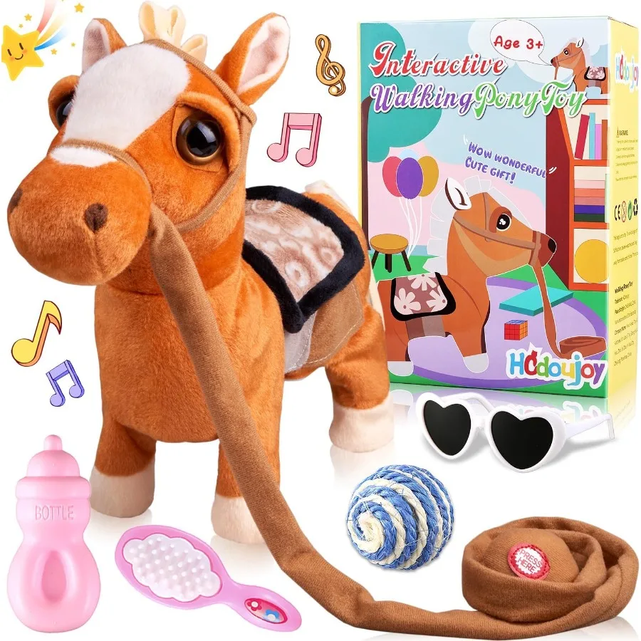

Brown Walking Pony Plush Interactive Singing Dancing Musical Realistic Pet Stuffed Animal with Shaking Leash for Boys Girls Tod