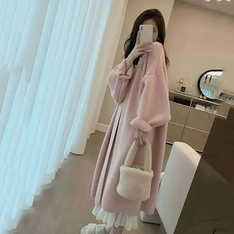 ربيع الخريف سترة سترة المرأة فضفاضة لينة منتصف طويلة الأكمام الصلبة محبوك سترة معطف الإناث بلوزات السيدات عادية #3